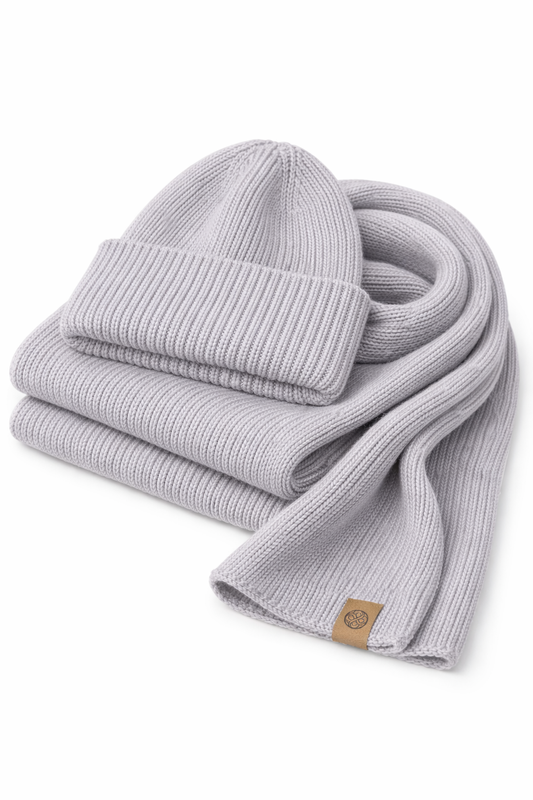 Merino wool beanie and scarf set Pearl grey