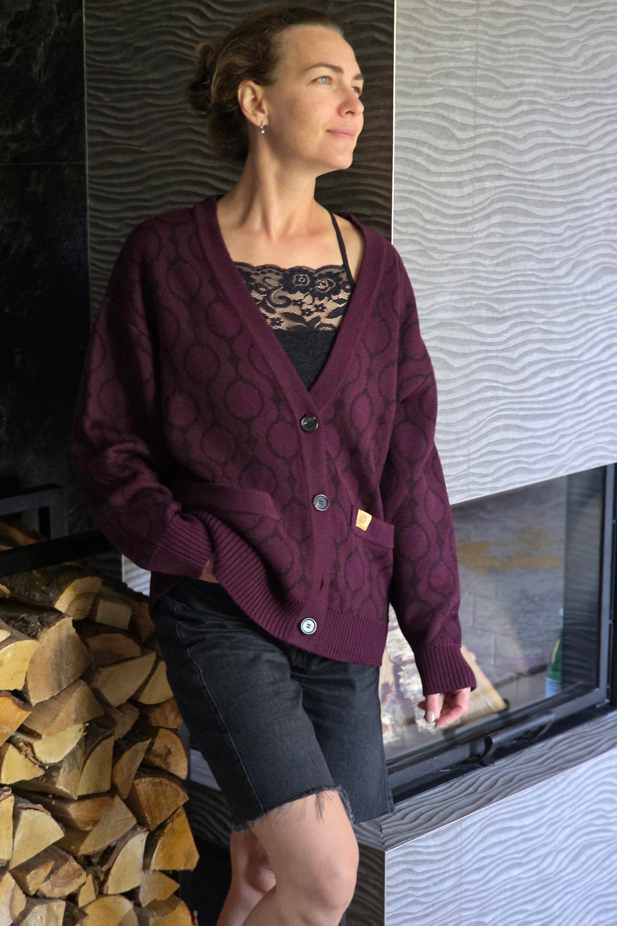 Women's plum jacquard knit relaxed cardigan