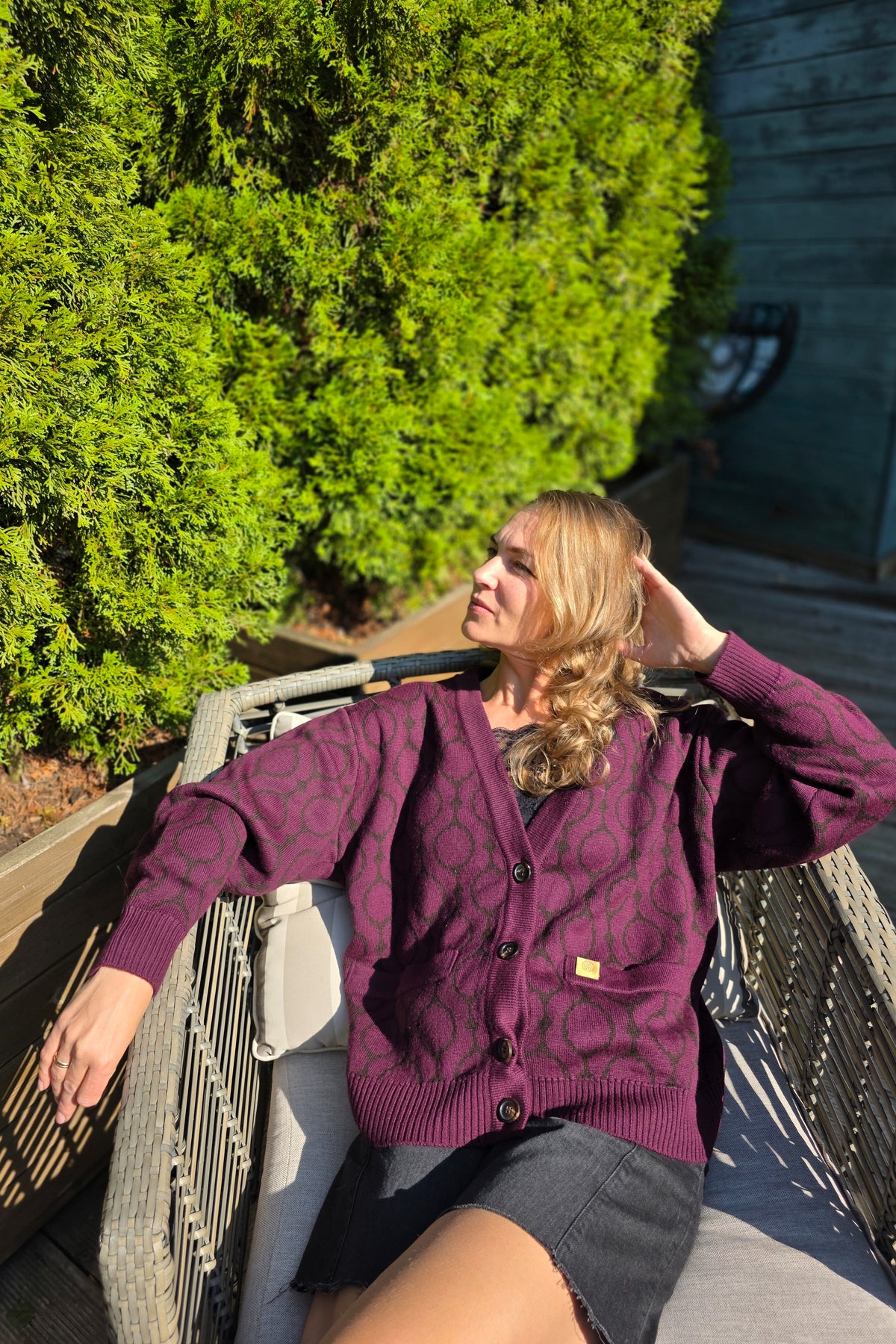 Women's plum jacquard knit relaxed cardigan
