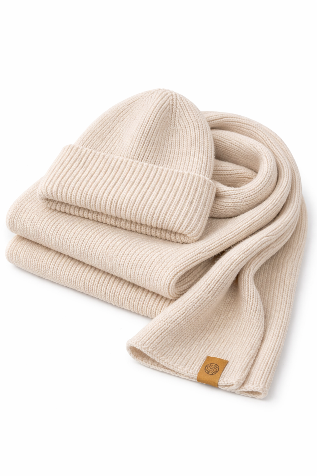 Merino wool beanie and scarf set Ivory