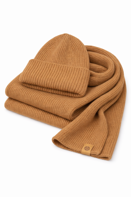Merino wool beanie and scarf set Camel